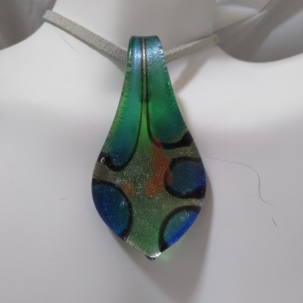 Artisan Teardrop Pendant Necklace Leather Chain Dichroic Bohemian Blue Green